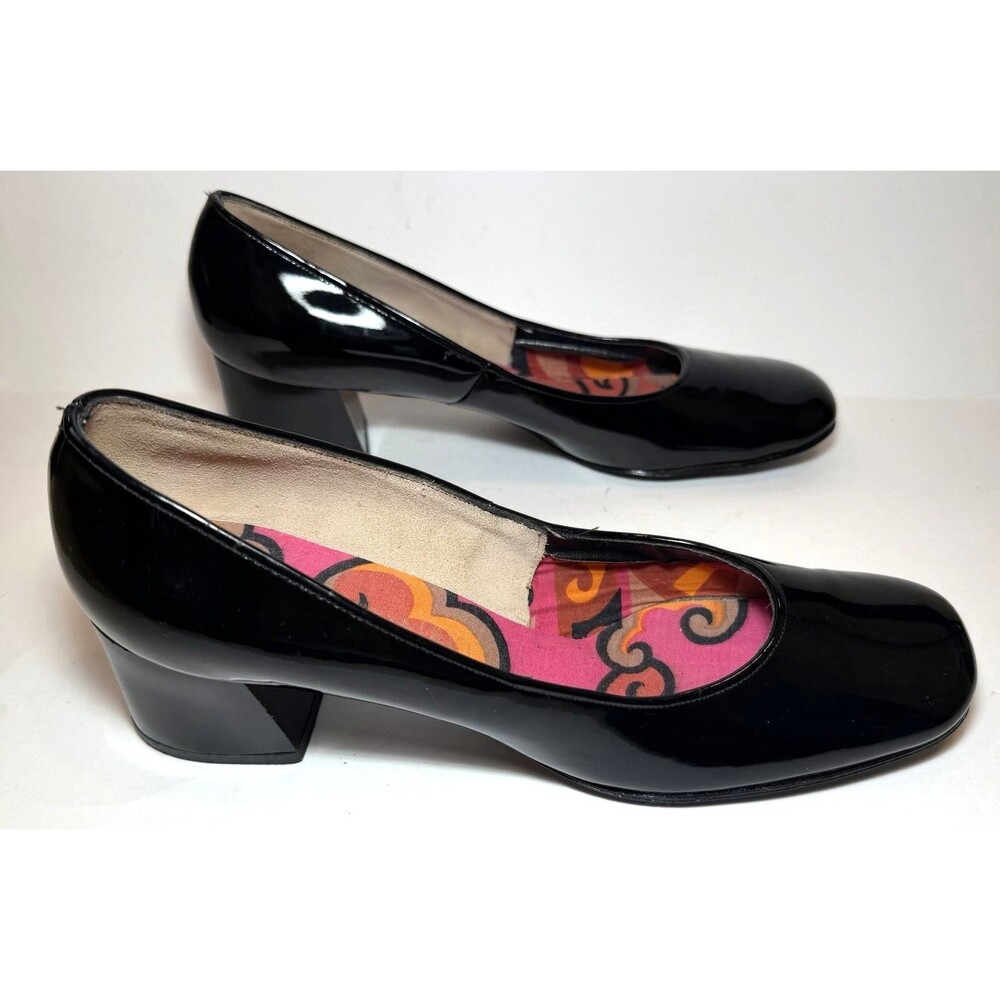 Connie Black Patent Square Toe Block Heel Pumps Women’s Size 8